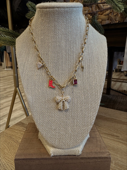 Charm Necklace - Pearl Bow, Pink Stone, Cowboy Boot