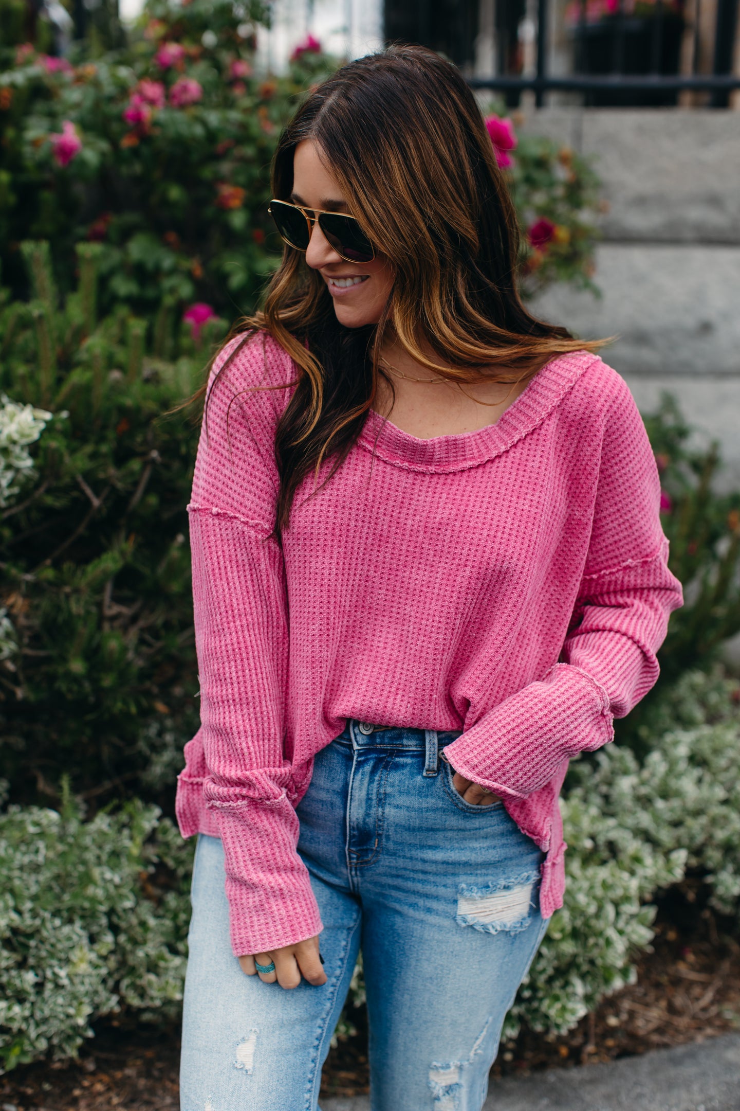 Perry Waffle Knit Top - Fucshia