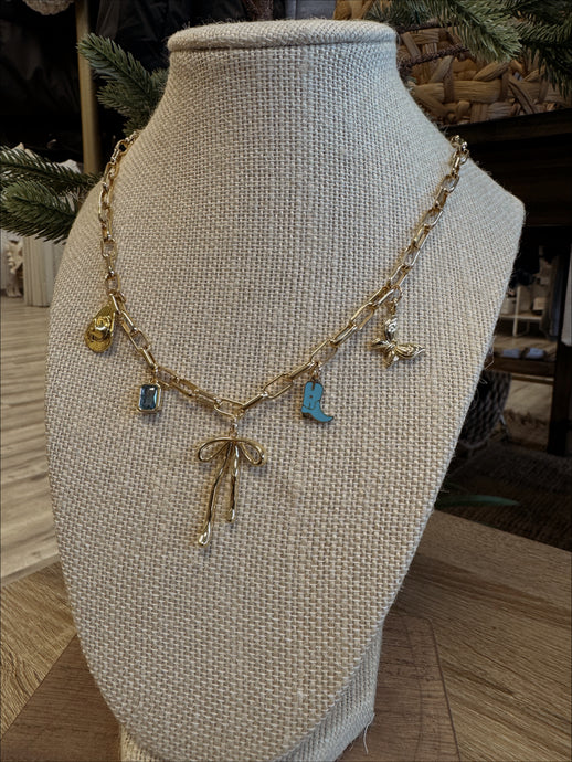 Charm Necklace - Gold Bow, Blue Cowboy Boot, Cowboy Hat