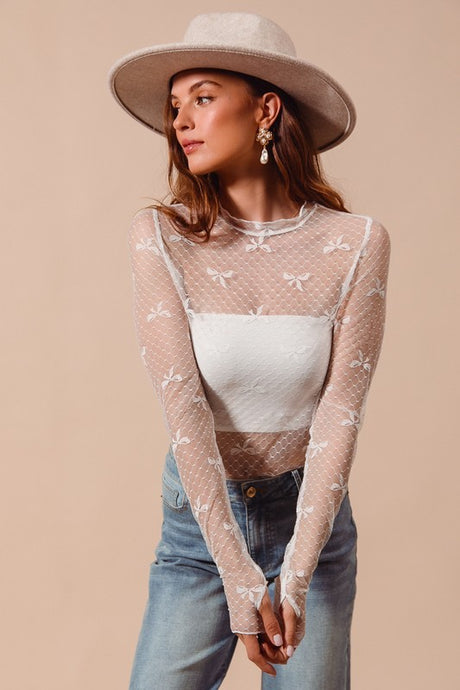 London Sheer Lace Bow Top - Ivory