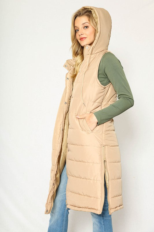 Seattle Long Puffer Vest - Tan