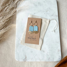 Leather + Brass Sunburst Earrings - Light Blue