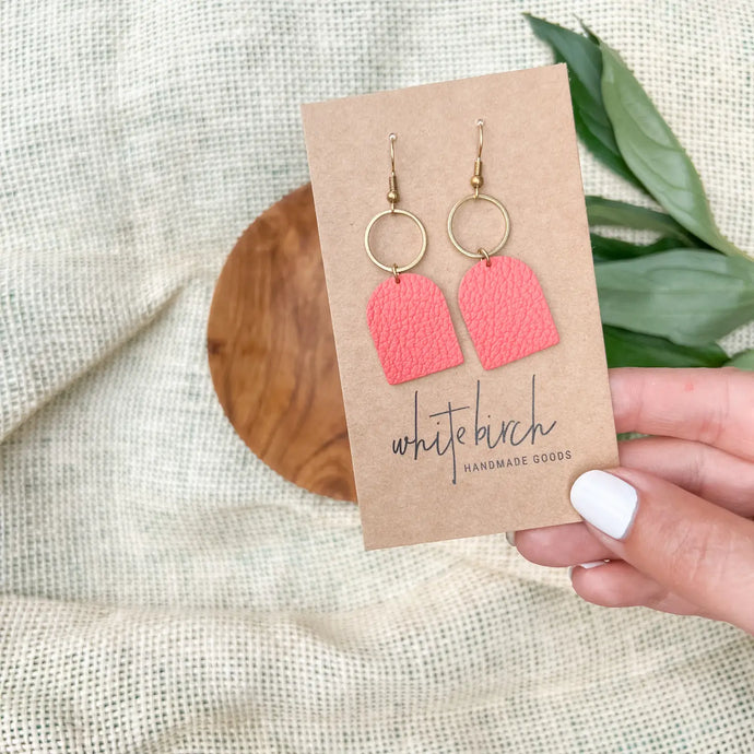 Brass Circle + Leather Earrings - Coral