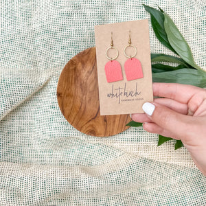 Brass Circle + Leather Earrings - Coral