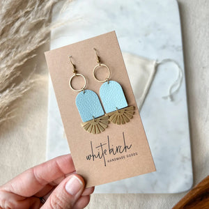 Leather + Brass Sunburst Earrings - Light Blue